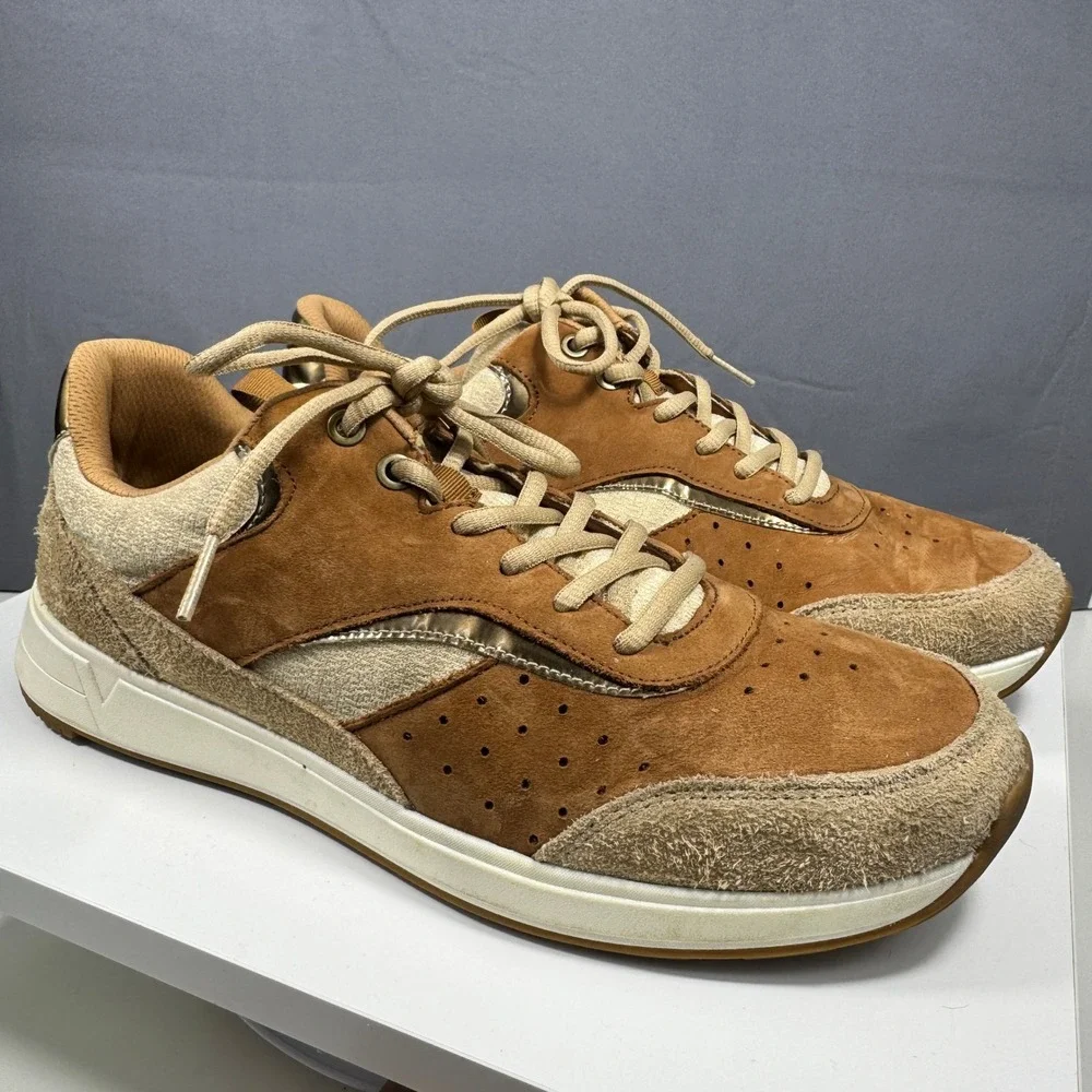 Vionic Nova Sneakers Mens 12 Tan Brown Suede Metallic Orthotic Walking Shoes